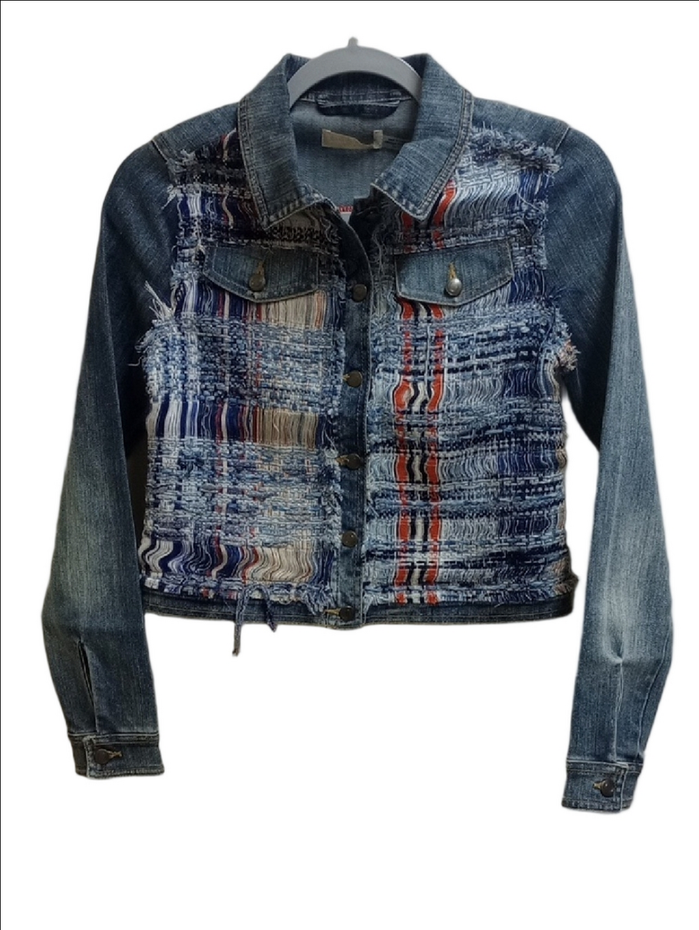 RAMY BROOK "GLORIA" DENIM WOVEN TWEED DISTRESSED CROPPED JEAN JACKET
